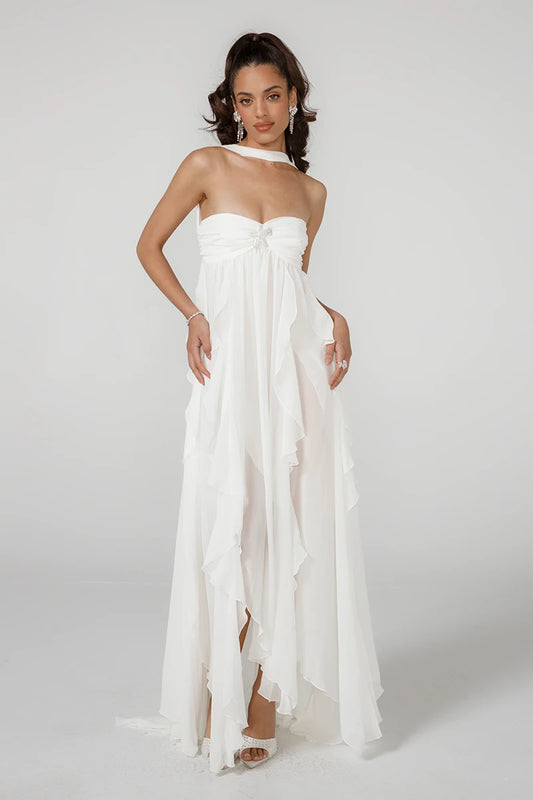 Eliza Backless Lined Ruffle Maxi Dress